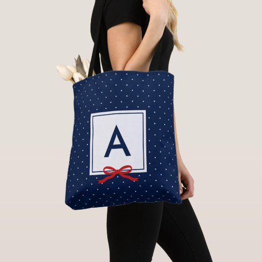 Chic Red Ribbon Blue Polka Dot Muster Monogram Tasche (Von Nahem)