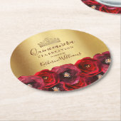 Chic Red Rose Floral Gold Crown Quinceañera Runder Pappuntersetzer (Angewinkelt)