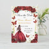 Chic Red Rose Floral Quinceanera Princess Save The Date (Stehend Vorderseite)