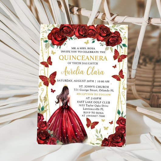 Chic Red Roses Floral Princess Quinceañera Einladung
