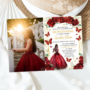 Chic Red Roses Floral Prinzessin Quinceañera Foto Einladung