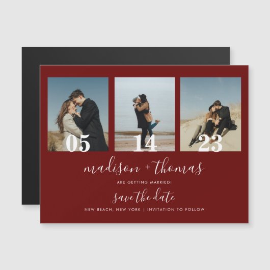 Chic Red Script 3 Foto Wedding Save the Date Magneteinladung (Vorne/Hinten)