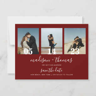 Chic Red Script 3 Foto Wedding Save the Date Magneteinladung