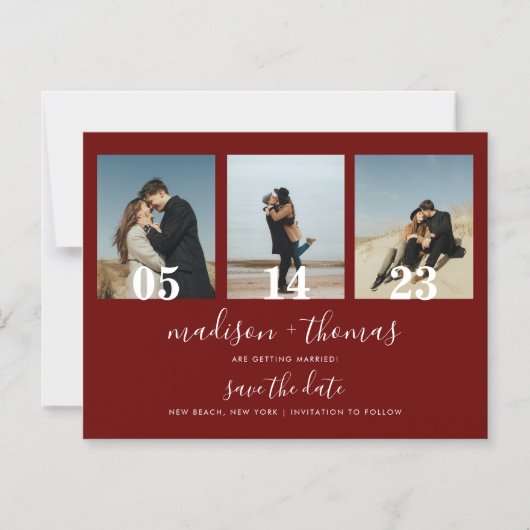 Chic Red Script 3 Foto Wedding Save the Date Magneteinladung (Vorderseite)
