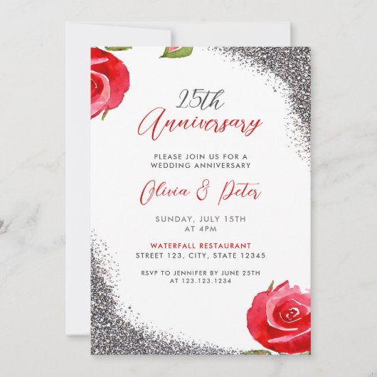 Chic Red & Silver Glitzer 25. Hochzeitstag Einladung (Vorderseite)