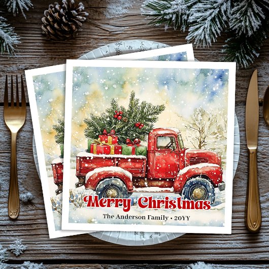 Chic red truck Christmas scene holiday napkins set Serviette