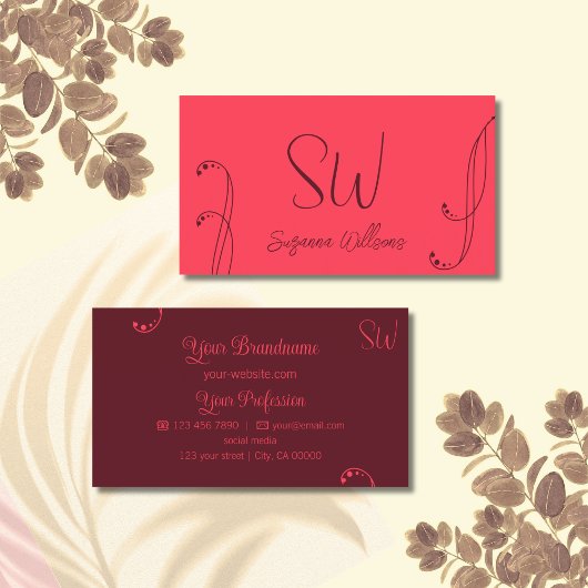 Chic Red und Burgund Modern Verziert mit Monogram Visitenkarte