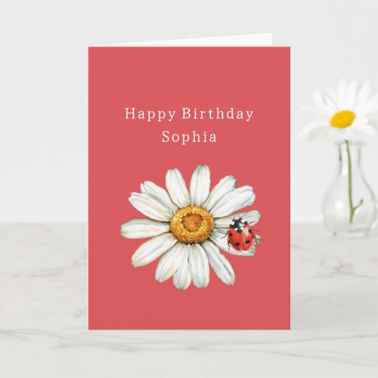 Chic Red White Daisy Flower Ladybug Birthday Karte (Kleine Pflanze)