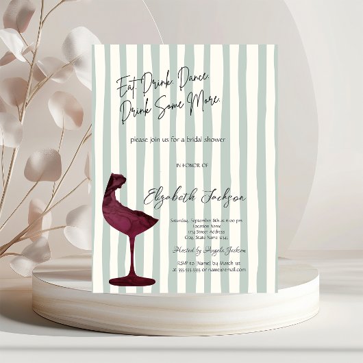 Chic Red Wine Glass Green Striped  Einladung