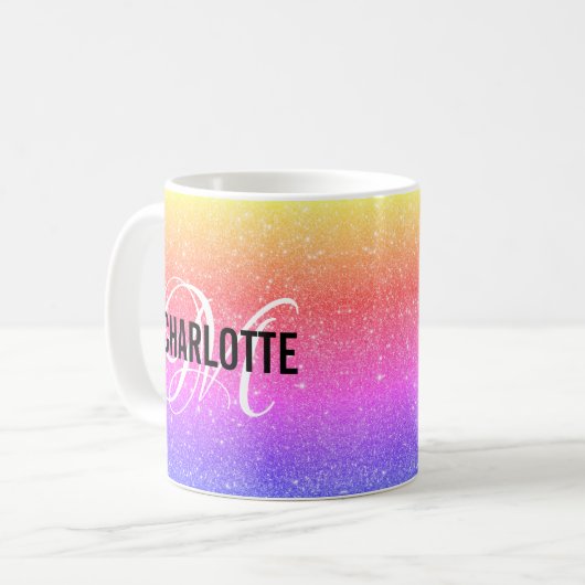 Chic Regenbogen Glitzer Monogramm Name Kaffee Tass Kaffeetasse (Vorderseite Links)