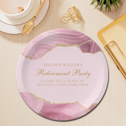 Chic Retirement Party Pink Gold Agate Custom Pappteller