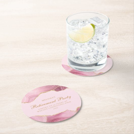 Chic Retirement Party Pink Gold Agate Custom Runder Pappuntersetzer (Vor Ort)