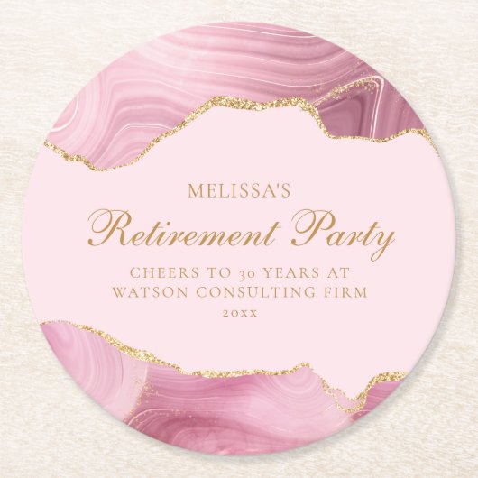 Chic Retirement Party Pink Gold Agate Custom Runder Pappuntersetzer (Vorderseite)
