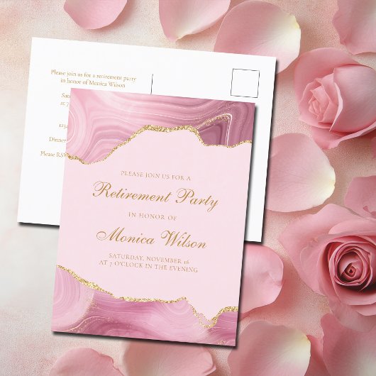 Chic Retirement Party Pink Gold Agate Einladungspostkarte