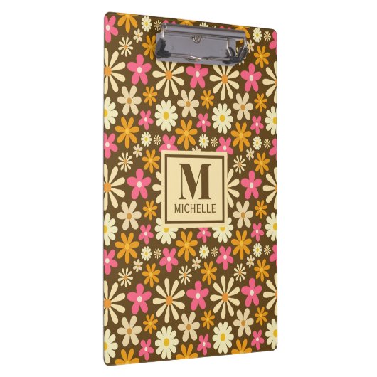 Chic Retro 70er Groovy Hippie Blume Monogramm Klemmbrett (Rechts)