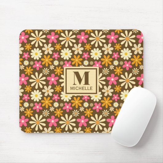 Chic Retro 70er Groovy Hippie Blume Monogramm Mousepad (Mit Mouse)
