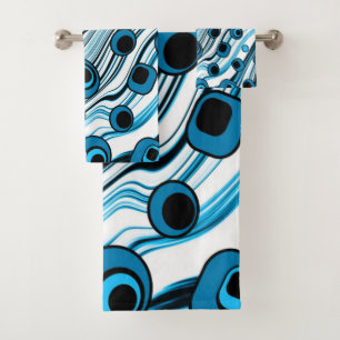 Chic Retro Blau mit Schwarz-Weiß Groovy Wavy Badhandtuch Set
