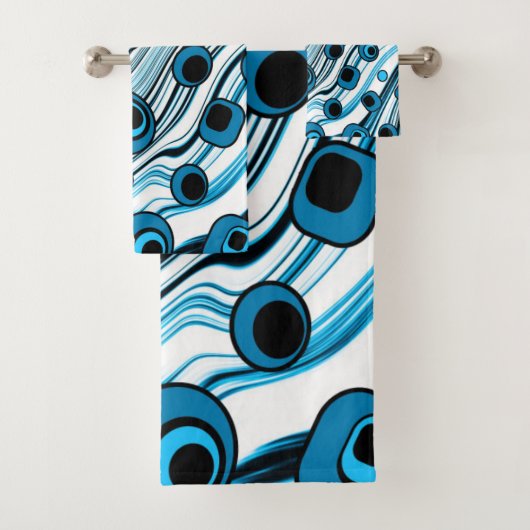 Chic Retro Blau mit Schwarz-Weiß Groovy Wavy Badhandtuch Set (Insitu)
