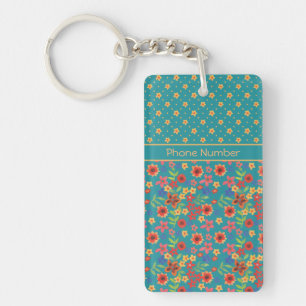 Chic Retro-Blumen auf Türkis personalisierter oval Schlüsselanhänger