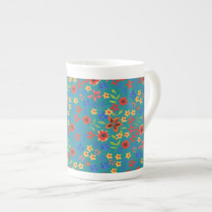 Chic Retro-Blumenmuster auf Teal Bone China Tasse