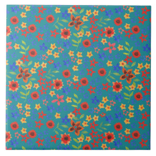 Chic Retro Blumenmuster auf türkisfarbenen Keramik Fliese