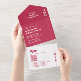 Chic Retro Bold Hot Pink Monogram QR Code Wedding All In One Einladung