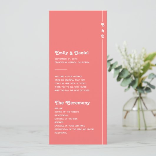 Chic Retro Coral Pink Monogram Wedding Program Programm (Stehend Vorderseite)