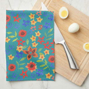 Chic Retro Floral Miniprint auf Aquamarine Küchent Handtuch