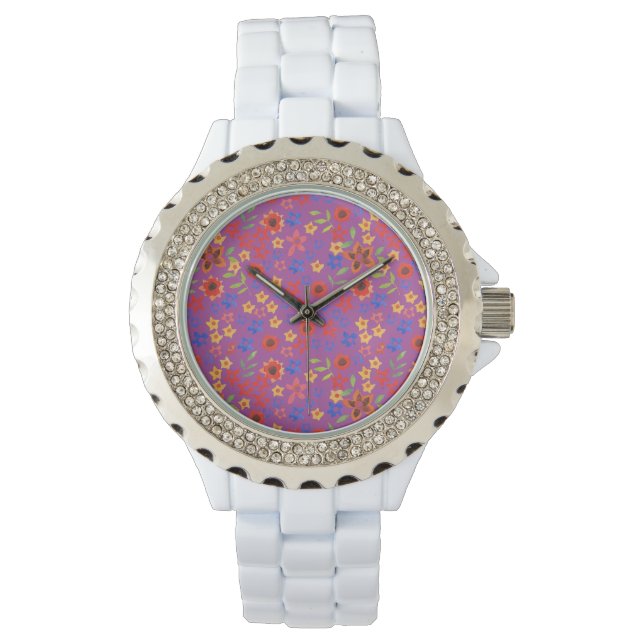 Chic Retro Floral Print auf Magenta Armbanduhr (Vorderseite)