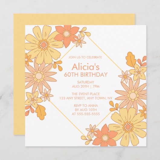 Chic Retro Hippie Orange Peach Flora 60. Geburtsta Einladung (Vorne/Hinten)