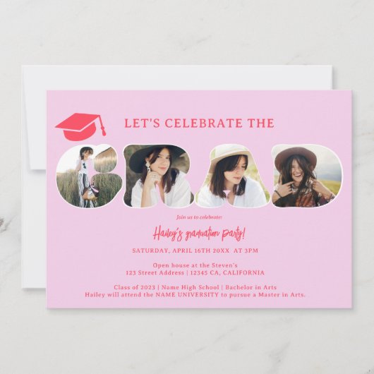 Chic Retro Hot roink 3 Fotos Script Abschluss Einladung (Vorderseite)