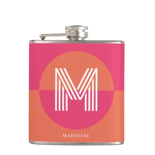 Chic Retro Pink Orange Geometric Modern Monogram Flachmann (Vorderseite)