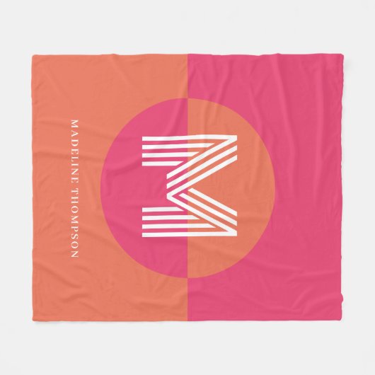Chic Retro Pink Orange Geometric Modern Monogram Fleecedecke (Vorderseite (Horizontal))