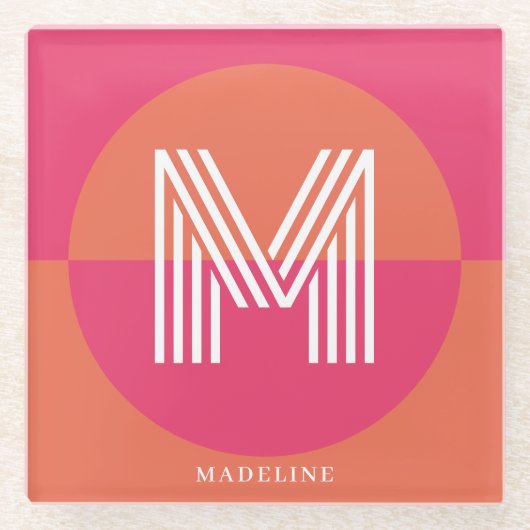 Chic Retro Pink Orange Geometric Modern Monogram Glasuntersetzer (Vorderseite)