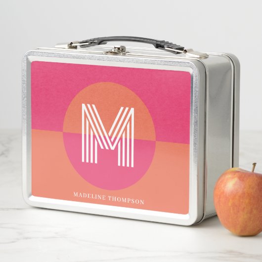 Chic Retro Pink Orange Geometric Modern Monogram Metall Brotdose (Beispiel)