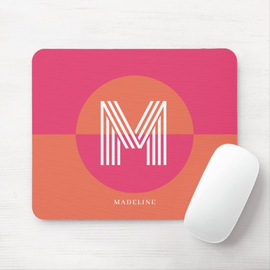 Chic Retro Pink Orange Geometric Modern Monogram Mousepad (Mit Mouse)