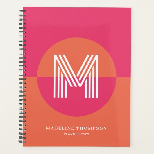 Chic Retro Pink Orange Geometric Modern Monogram Planer (Vorderseite)