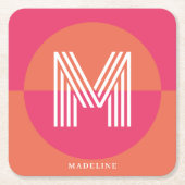 Chic Retro Pink Orange Geometric Modern Monogram Rechteckiger Pappuntersetzer (Vorderseite)