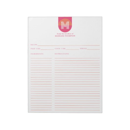 Chic Retro Pink Orange Geometric Monogram Recipe Notizblock (Rotiert)