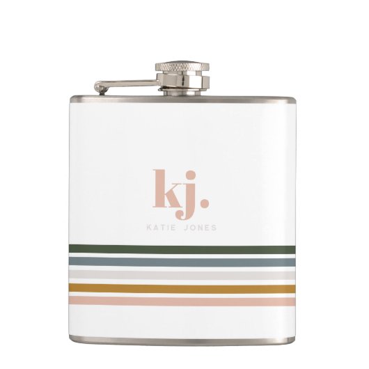 Chic Retro Stripes Monogramm Flachmann (Vorderseite)