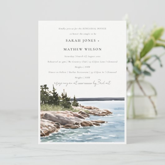 Chic Rocky Pine Mountain Seascape Probe Dinner Einladung (Stehend Vorderseite)