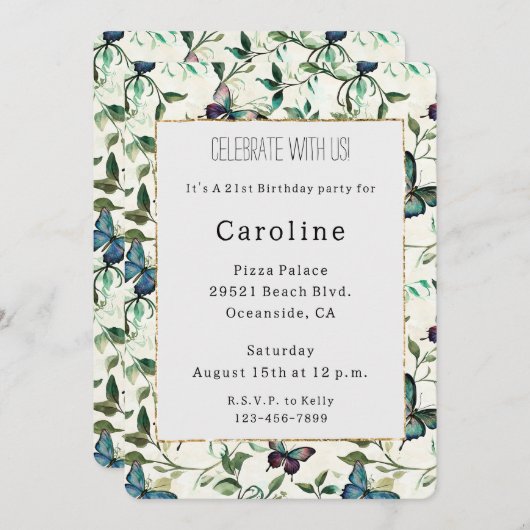 Chic Romantic Blue Butterfells Geburtstag Einladung (Vorne/Hinten)