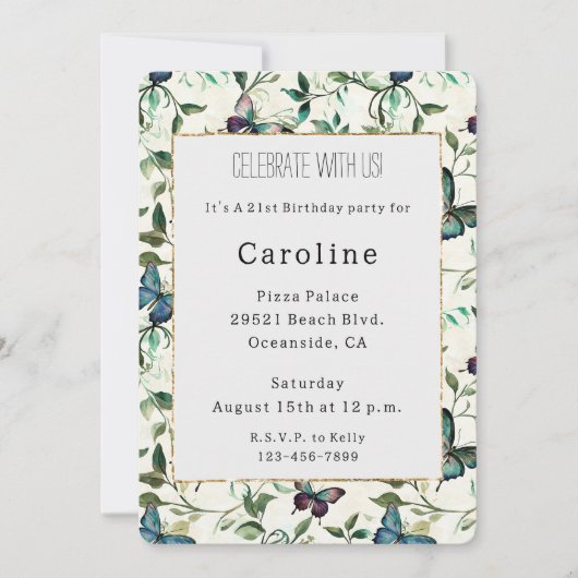 Chic Romantic Blue Butterfells Geburtstag Einladung (Vorderseite)