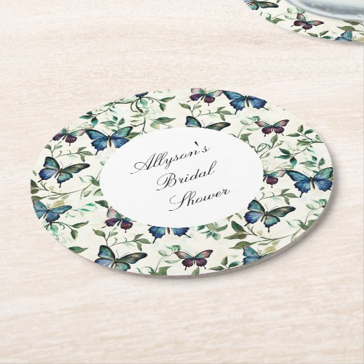 Chic Romantic Blue Butterflies Brautparty Runder Pappuntersetzer (Angewinkelt)