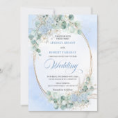 Chic Romantic Blue Floral Eucalyptus Wheat Wedding Einladung (Vorderseite)