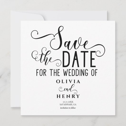 Chic Romantic Calligrphy Schwarz und Weiß Save The Date (Vorderseite)