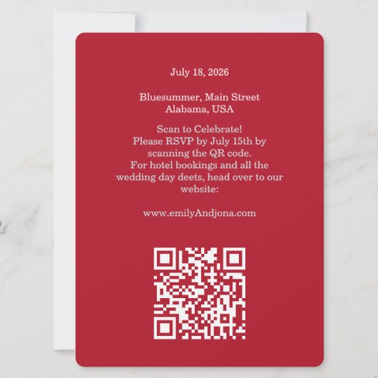 Chic Romantic Deep Red Split Photo QR Wedding Einladung (Rückseite)