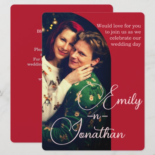 Chic Romantic Deep Red Split Photo QR Wedding Einladung (Vorne/Hinten)