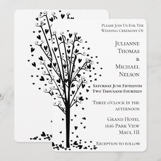 Chic Romantic Hearts Tree Wedding Einladung (Vorne/Hinten)