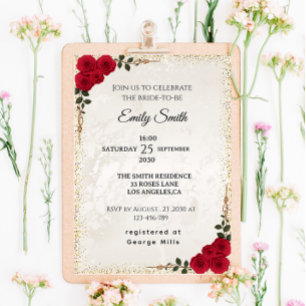 Chic Romantic Rote Rosen & Gold Foil Brautparty Einladung